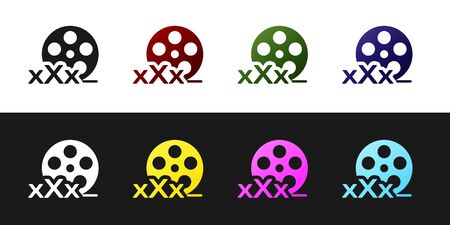 Set Film reel with inscription XXX icon isolated on black and white background. Age restriction symbol. 18 plus content sign. Adult channel. Vector Illustrationのイラスト素材