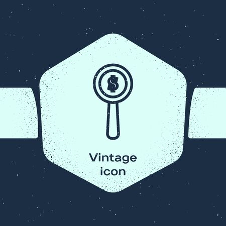 Grunge line Magnifying glass and dollar symbol icon isolated on blue background. Find money. Looking for money. Monochrome vintage drawing. Vector Illustrationのイラスト素材