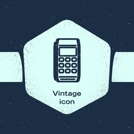 Grunge line Pos terminal icon isolated on blue background. Payment terminal transaction. Pay by card. Monochrome vintage drawing. Vector Illustrationのイラスト素材