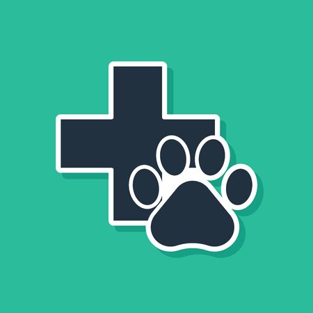 Blue Veterinary clinic symbol icon isolated on green background. Cross hospital sign. A stylized paw print dog or cat. Pet First Aid sign. Vector Illustrationのイラスト素材