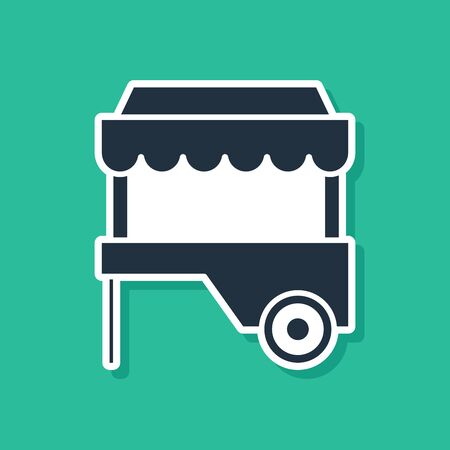Blue Fast street food cart with awning icon isolated on green background. Urban kiosk. Vector Illustrationのイラスト素材