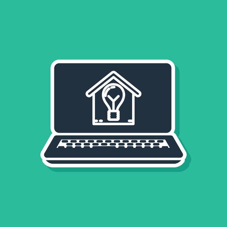 Blue Laptop with smart house and light bulb icon isolated on green background. Vector Illustrationのイラスト素材
