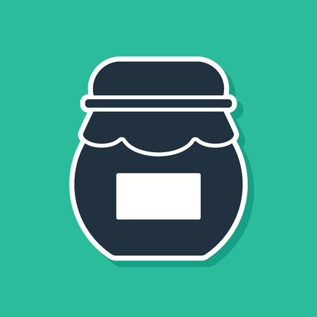 Blue Jar of honey icon isolated on green background. Food bank. Sweet natural food symbol. Vector Illustrationのイラスト素材