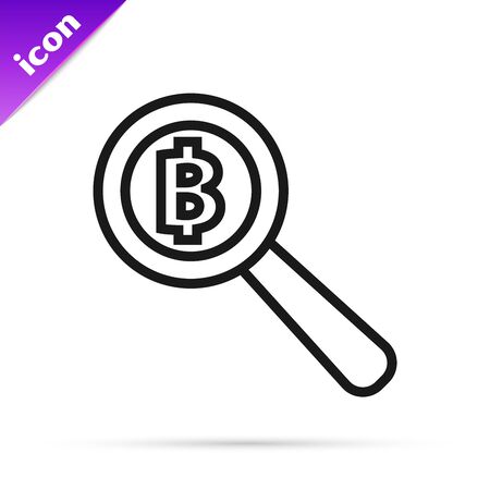 Black line Magnifying glass with Bitcoin icon isolated on white background. Physical bit coin. Blockchain based secure crypto currency. Vector Illustrationのイラスト素材