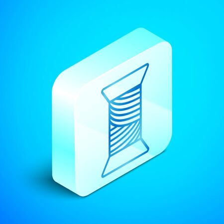 Isometric line Sewing thread on spool icon isolated on blue background. Yarn spool. Thread bobbin. Silver square button. Vector Illustrationのイラスト素材