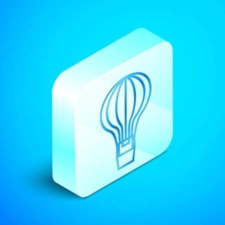 Isometric line Hot air balloon icon isolated on blue background. Air transport for travel. Silver square button. Vector Illustrationのイラスト素材