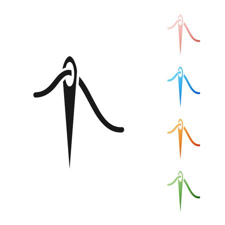 Black Needle for sewing with thread icon isolated on white background. Tailor symbol. Textile sew up craft sign. Embroidery tool. Set icons colorful. Vector Illustrationのイラスト素材