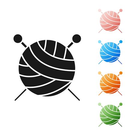 Black Yarn ball with knitting needles icon isolated on white background. Label for hand made, knitting or tailor shop. Set icons colorful. Vector Illustrationのイラスト素材