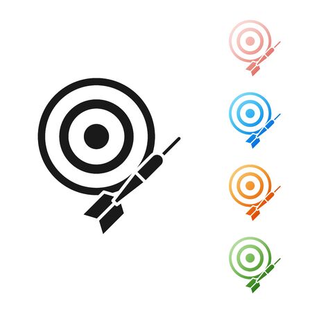Black Classic dart board and arrow icon isolated on white background. Dartboard sign. Game concept. Set icons colorful. Vector Illustrationのイラスト素材