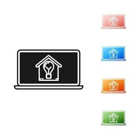 Black Laptop with smart house and light bulb icon isolated on white background. Set icons colorful. Vector Illustrationのイラスト素材