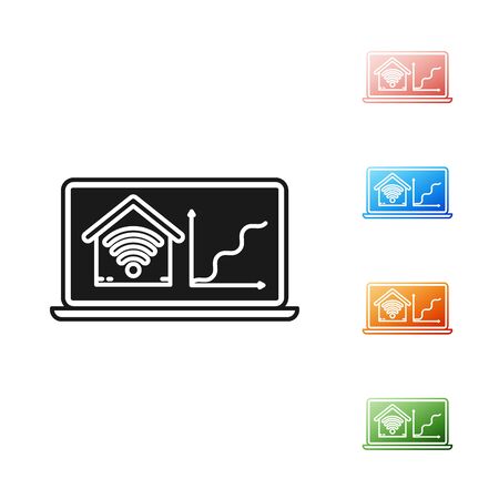 Black Laptop with smart home with wifi icon isolated on white background. Remote control. Set icons colorful. Vector Illustrationのイラスト素材