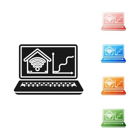 Black Laptop with smart home with wifi icon isolated on white background. Remote control. Set icons colorful. Vector Illustrationのイラスト素材