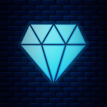 Glowing neon Diamond icon isolated on brick wall background. Jewelry symbol. Gem stone. Vector Illustrationのイラスト素材