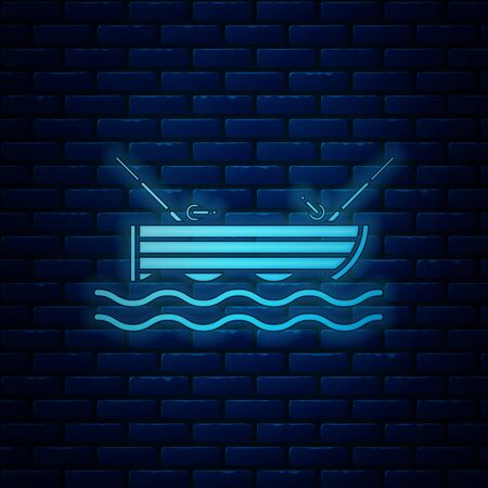 Glowing neon Fishing boat with fishing rod on water icon isolated on brick wall background. Vector Illustrationのイラスト素材