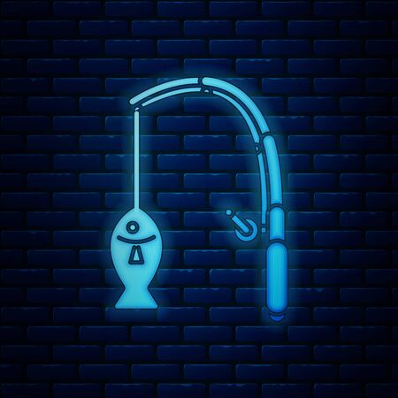 Glowing neon Fishing rod and fish icon isolated on brick wall background. Fishing equipment and fish farming topics. Vector Illustrationのイラスト素材