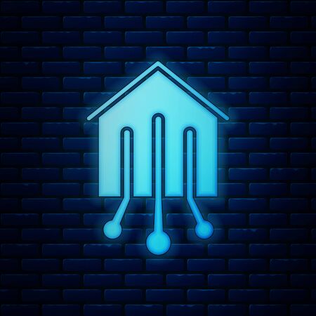 Glowing neon Smart home icon isolated on brick wall background. Remote control. Vector Illustrationのイラスト素材