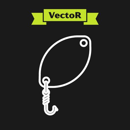White line Fishing spoon icon isolated on black background. Fishing baits in shape of fish. Fishing tackle. Vector Illustrationのイラスト素材
