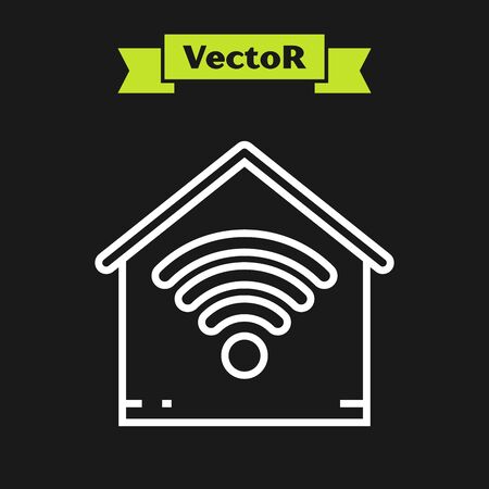 White line Smart home with wifi icon isolated on black background. Remote control. Vector Illustrationのイラスト素材
