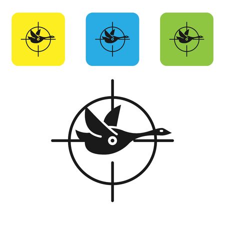 Black Hunt on duck with crosshairs icon isolated on white background. Hunting club with duck and target. Rifle lens aiming a duck. Set icons colorful square buttons. Vector Illustrationのイラスト素材