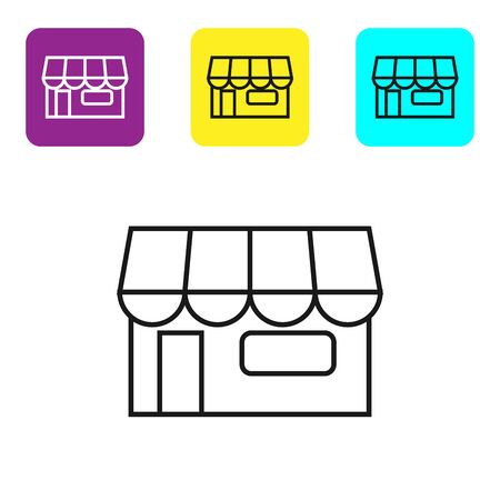 Black line Shopping building or market store icon isolated on white background. Shop construction. Set icons colorful square buttons. Vector Illustrationのイラスト素材