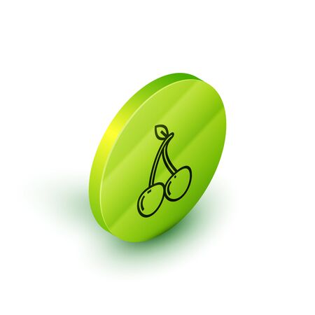Isometric line Cherry icon isolated on white background. Fruit with leaf symbol. Green circle button. Vector Illustrationのイラスト素材