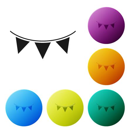 Black Carnival garland with flags icon isolated on white background. Party pennants for birthday celebration, festival and fair decoration. Set icons colorful circle buttons. Vector Illustrationのイラスト素材
