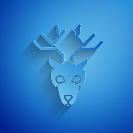 Paper cut Deer head with antlers icon isolated on blue background. Paper art style. Vector Illustrationのイラスト素材