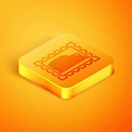 Isometric line Postal stamp and Coliseum icon isolated on orange background. Colosseum sign. Symbol of Ancient Rome, gladiator fights. Orange square button. Vector Illustrationのイラスト素材