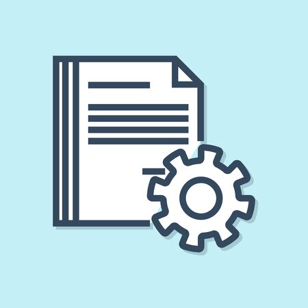 Blue line Document settings with gears icon isolated on blue background. Software update, transfer protocol, teamwork tool management. Vector Illustrationのイラスト素材