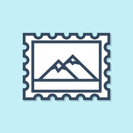 Blue line Postal stamp and Mountains icon isolated on blue background. Vector Illustrationのイラスト素材