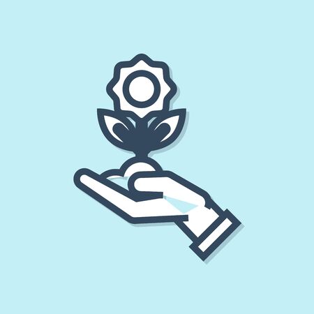 Blue line Hand holding flower icon isolated on blue background. Seed and seedling. Planting sapling. Ecology concept. Vector Illustrationのイラスト素材