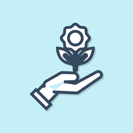 Blue line Hand holding flower icon isolated on blue background. Seed and seedling. Planting sapling. Ecology concept. Vector Illustrationのイラスト素材