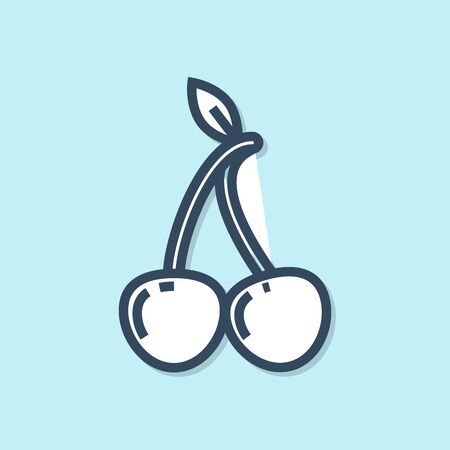 Blue line Cherry icon isolated on blue background. Fruit with leaf symbol. Vector Illustrationのイラスト素材