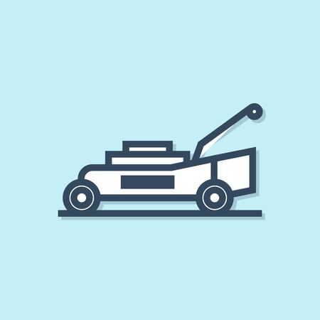 Blue line Lawn mower icon isolated on blue background. Lawn mower cutting grass. Vector Illustrationのイラスト素材