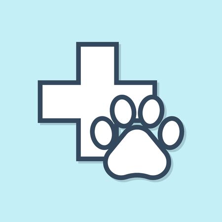 Blue line Veterinary clinic symbol icon isolated on blue background. Cross hospital sign. A stylized paw print dog or cat. Pet First Aid sign. Vector Illustrationのイラスト素材