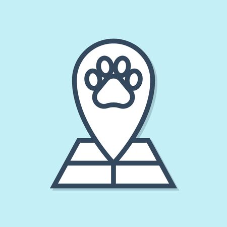 Blue line Map pointer with veterinary medicine hospital, clinic or pet shop for animals icon isolated on blue background. Veterinarian clinic. Vector Illustrationのイラスト素材