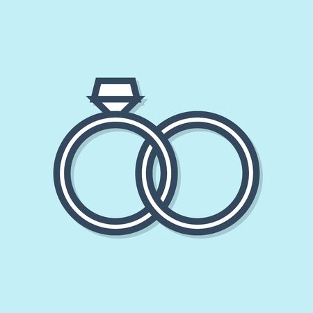 Blue line Wedding rings icon isolated on blue background. Bride and groom jewelery sign. Marriage icon. Diamond ring icon. Vector Illustrationのイラスト素材