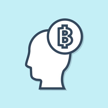 Blue line Bitcoin think icon isolated on blue background. Cryptocurrency head. Blockchain technology, digital money market, cryptocoin wallet. Vector Illustrationのイラスト素材