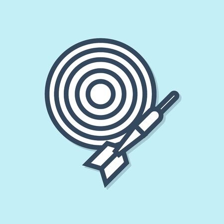 Blue line Classic dart board and arrow icon isolated on blue background. Dartboard sign. Game concept. Vector Illustrationのイラスト素材