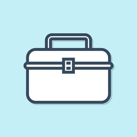 Blue line Case or box container for wobbler and gear fishing equipment icon isolated on blue background. Fishing tackle. Vector Illustrationのイラスト素材
