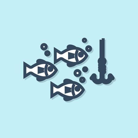 Blue line Fishing hook under water with fish icon isolated on blue background. Fishing tackle. Vector Illustrationのイラスト素材