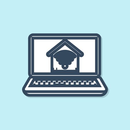 Blue line Laptop with smart home with wifi icon isolated on blue background. Remote control. Vector Illustrationのイラスト素材