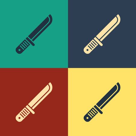 Color Hunter knife icon isolated on color background. Army knife. Vintage style drawing. Vector Illustrationのイラスト素材