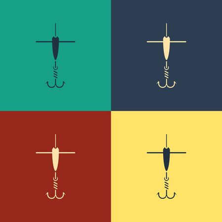 Color Fishing hook and float icon isolated on color background. Fishing tackle. Vintage style drawing. Vector Illustrationのイラスト素材