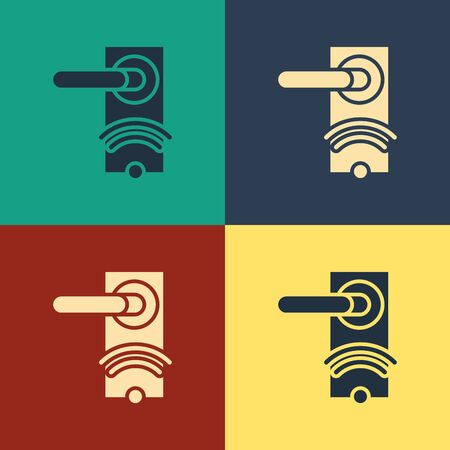 Color Digital door lock with wireless technology for unlock icon isolated on color background. Door handle sign. Security smart home. Vintage style drawing. Vector Illustrationのイラスト素材