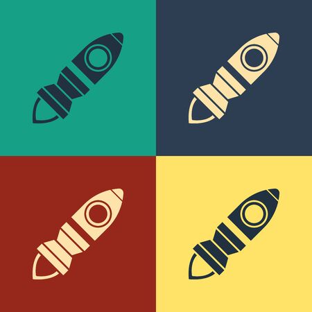 Color Rocket ship with fire icon isolated on color background. Space travel. Vintage style drawing. Vector Illustrationのイラスト素材