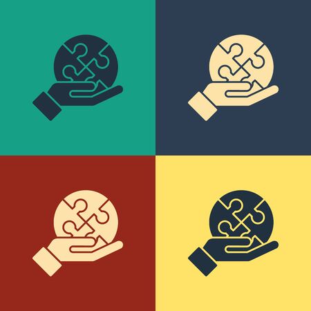 Color Piece of puzzle in hand icon isolated on color background. Business, marketing, finance, template, layout, infographics concept. Vintage style drawing. Vector Illustrationのイラスト素材