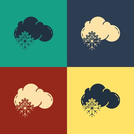 Color Cloud with snow icon isolated on color background. Cloud with snowflakes. Single weather icon. Snowing sign. Vintage style drawing. Vector Illustrationのイラスト素材