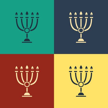 Color Hanukkah menorah icon isolated on color background. Hanukkah traditional symbol. Holiday religion, jewish festival of Lights. Vintage style drawing. Vector Illustrationのイラスト素材