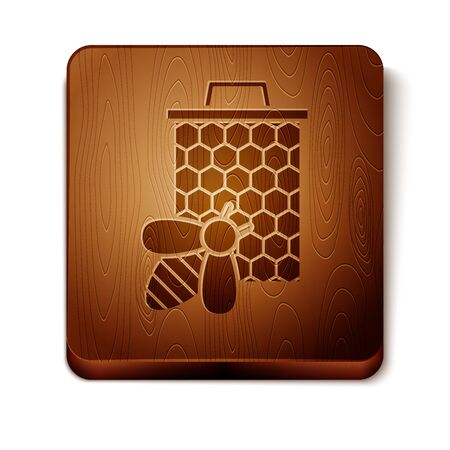 Brown Bee and honeycomb icon isolated on white background. Honey cells. Sweet natural food. Honeybee or apis with wings symbol. Flying insect. Wooden square button. Vector Illustrationのイラスト素材
